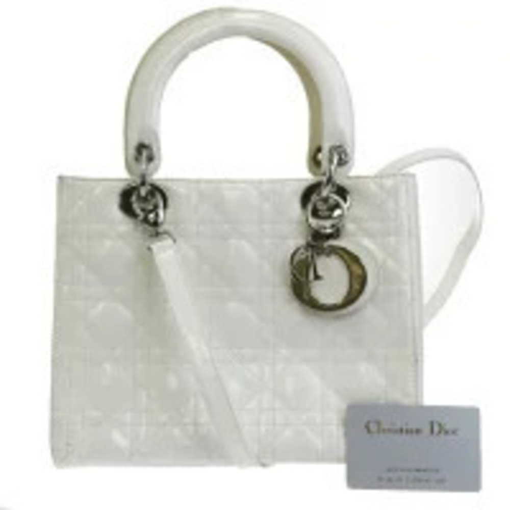 Christian Dior Lady Cannage Handbag Shoulder Bag White Leather